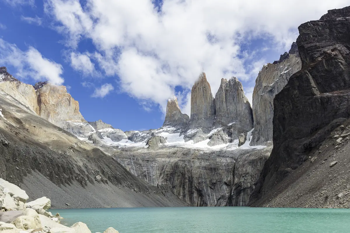 The three granite towers above the lake at Base Las Torres