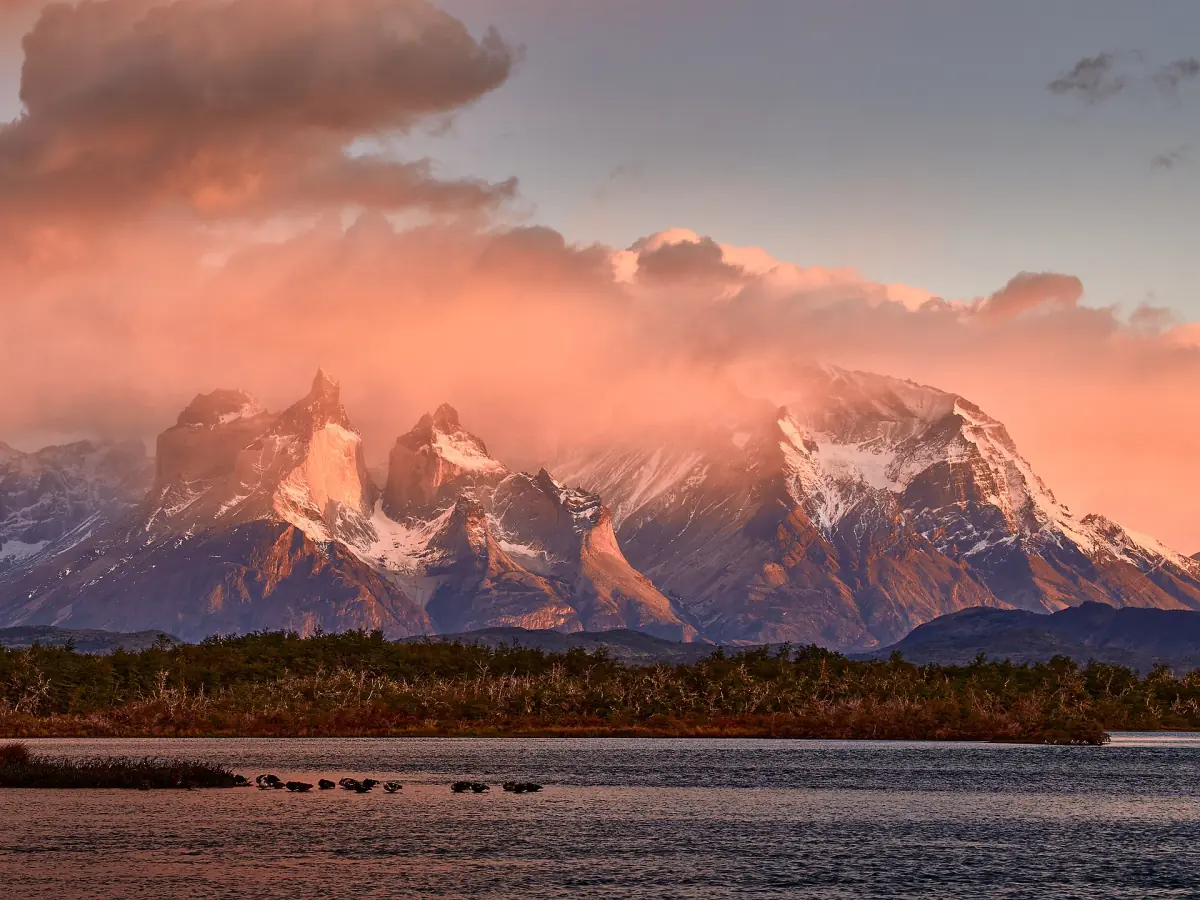 Pink light on the Paine massif at sunrise